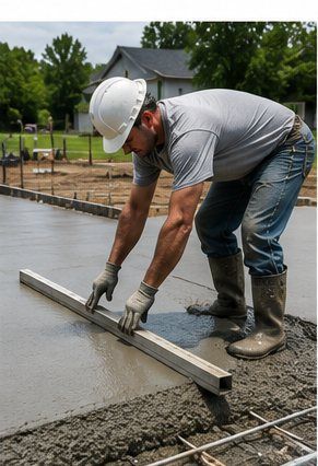 Construction worker using a screed to finish a concrete pad on a rural property in Cornwall, ON