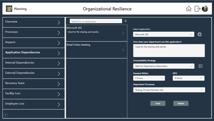 A user interface for planning organizational resilience. Shows sections, input fields, and data.