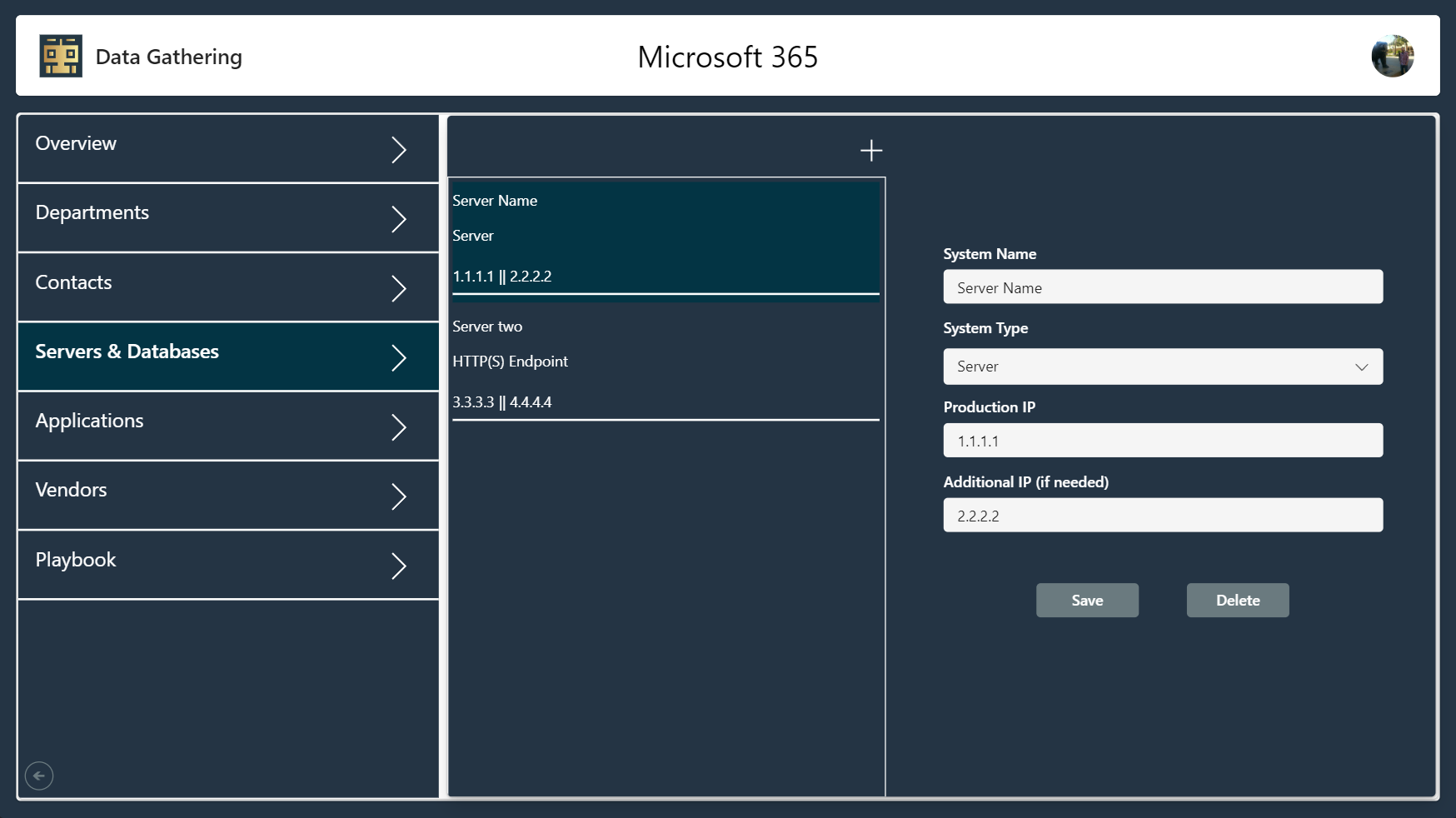 Screenshot of a dashboard with navigation and fields for inputting system information.