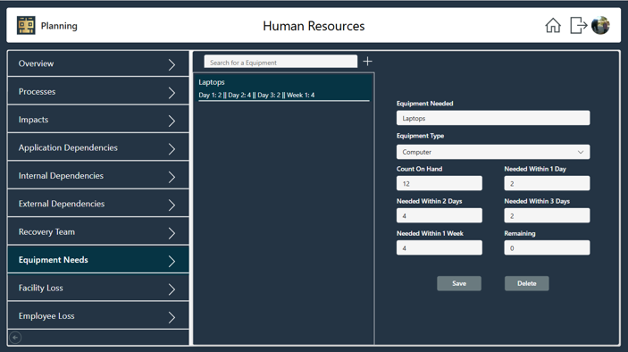 Screenshot of a Human Resources interface with equipment needs details. Dark blue interface with white text boxes.