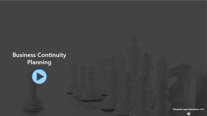 Business Continuity Planning title with a play button. White chess pieces on a dark background.