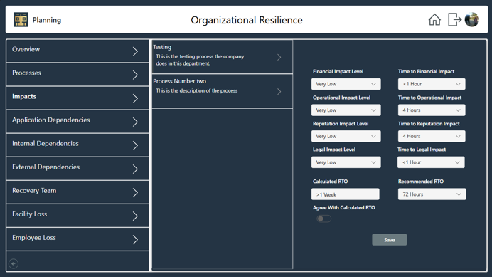 Organizational Resilience dashboard. Displays financial, operational, and recovery impact calculations with Save button.