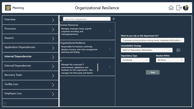 Screenshot of a software interface for organizational resilience planning; dark blue with side menu and search bar.
