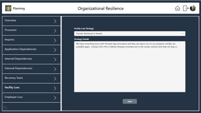 A user interface on organizational resilience, with navigation and content boxes.