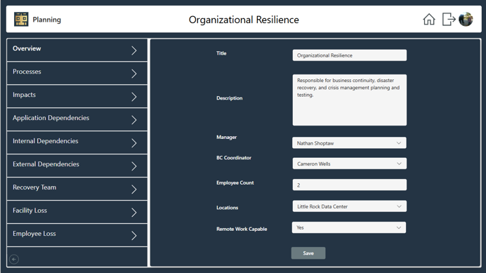 Dashboard showing fields for organizational resilience, including name, description, dependencies, and remote work capabilities.