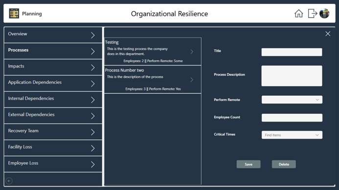 A dark-themed software interface for organizational resilience planning with menu and input fields.