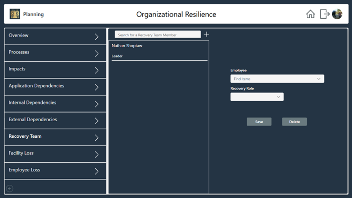 Screenshot of a software interface for Organizational Resilience planning, with menu, search, and form fields.
