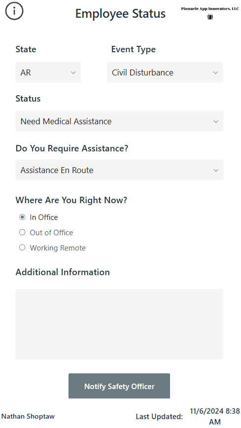 Employee status form: Event type is 