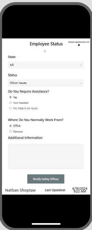 Mobile screen displaying an employee status form with fields for state, status, assistance needs, and work location.