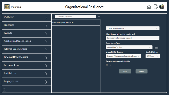 Screenshot of an organizational resilience application interface with dependency details being added.
