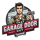 Logo of a garage door repairman holding a wrench with the text &ldquo;That Garage Door Guy&rdquo;
