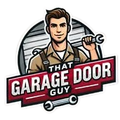 Logo for “That Garage Door Guy” with a mechanic holding a wrench and a garage door in the background