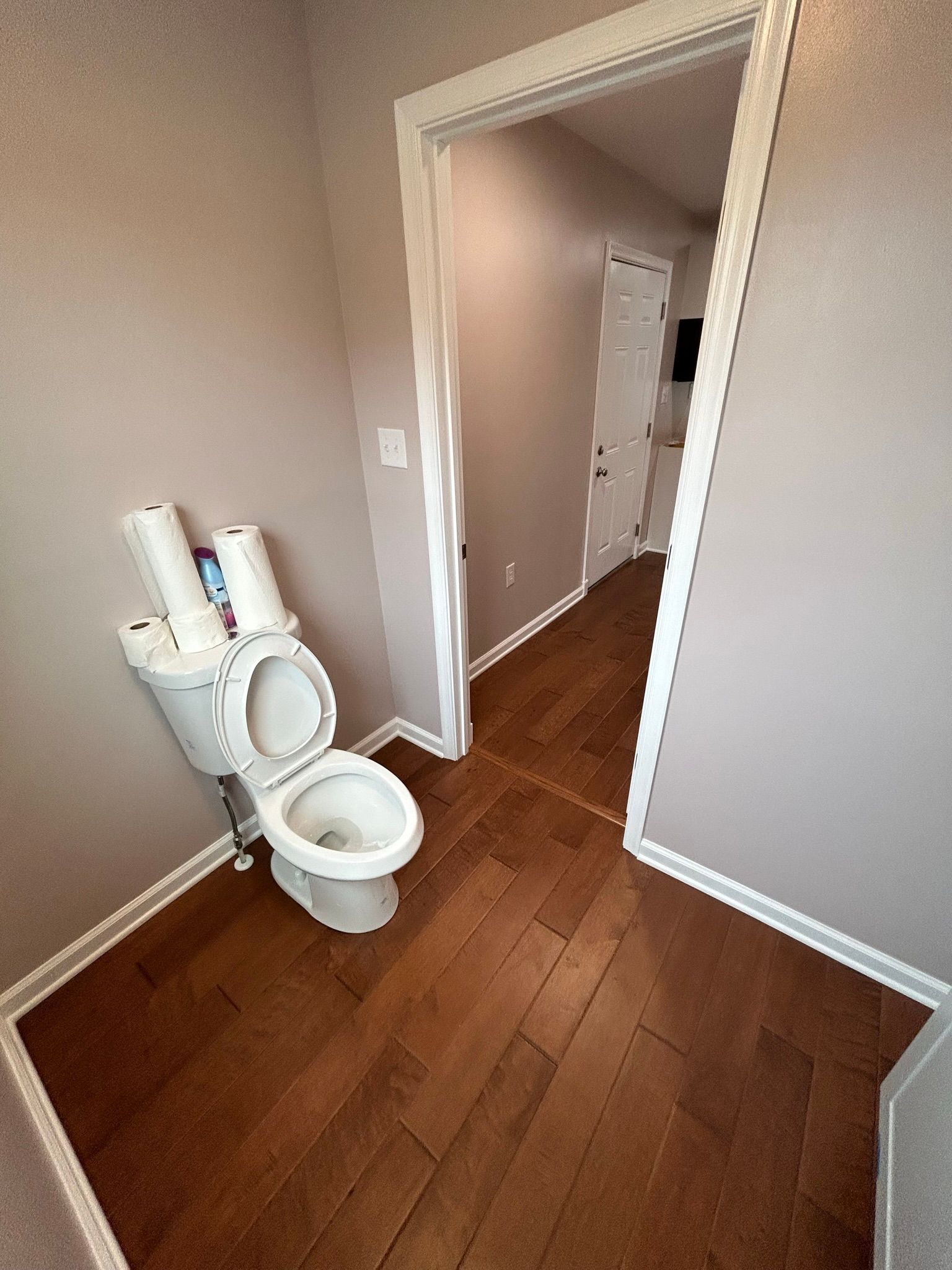 A bathroom with a toilet and two rolls of toilet paper.