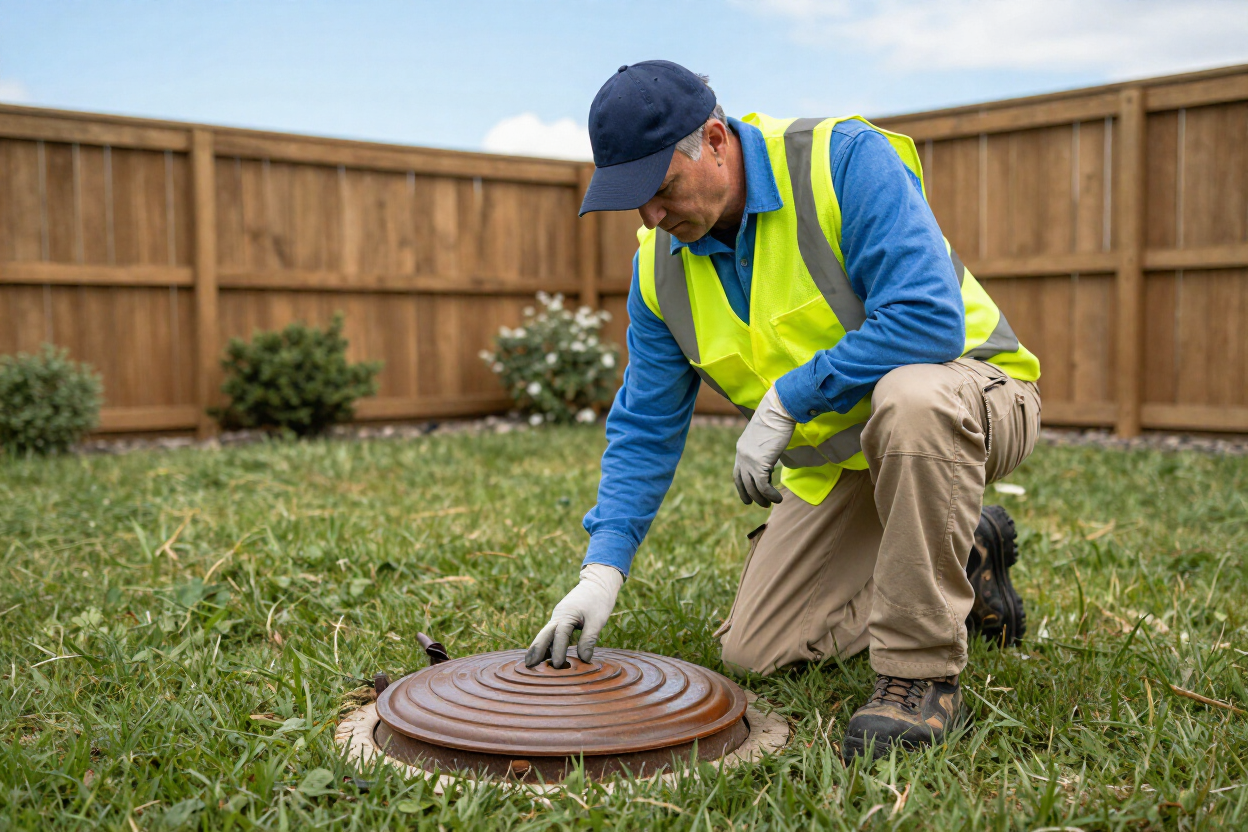Technician inspecting a septic tank access lid during a real estate inspection