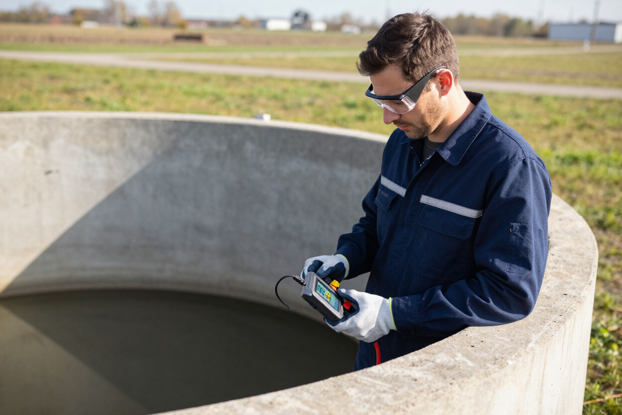 Technician measuring sludge and scum levels in a septic tank