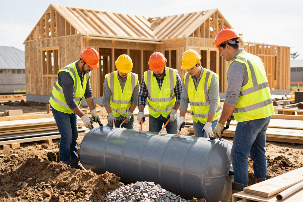 Septic installation crew working at a new home construction site