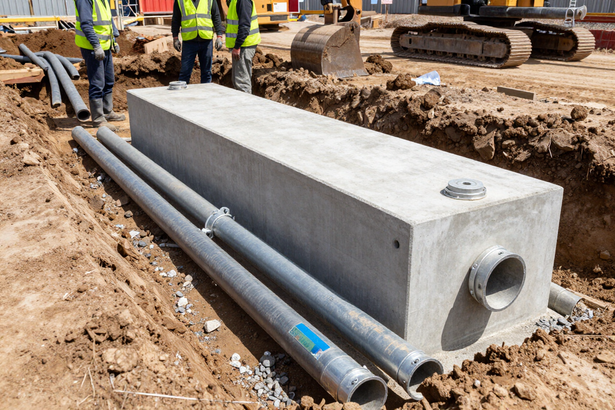 New septic tank and drain field piping being installed at a home construction site