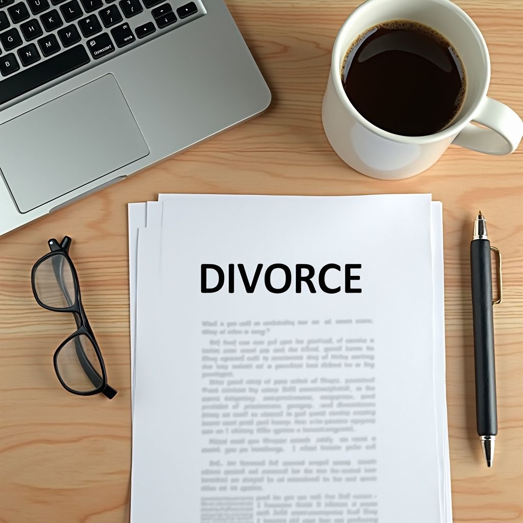 Divorce document on desk with laptop, glasses, coffee mug, and pen.