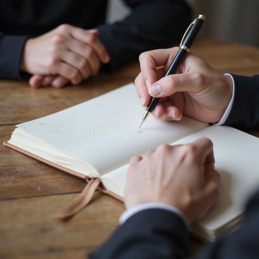 Person writing with a pen in an open notebook on a wooden table. Another person is seated nearby.