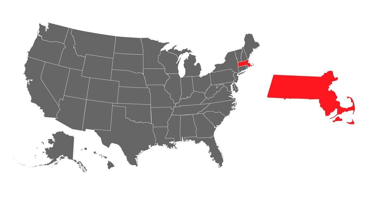 Map of the USA with Massachusetts highlighted in red.