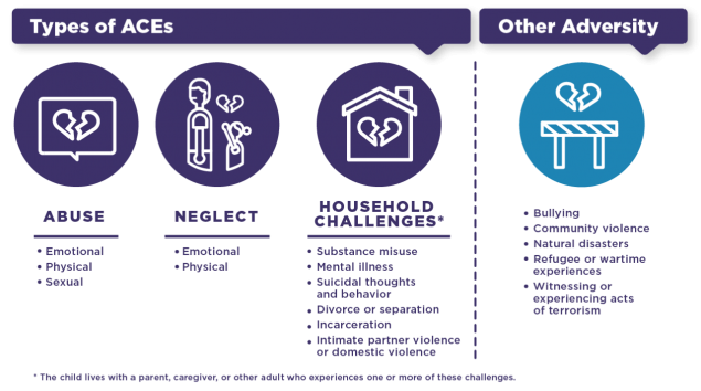 Infographic on types of ACEs: abuse, neglect, household challenges, and other adversity.