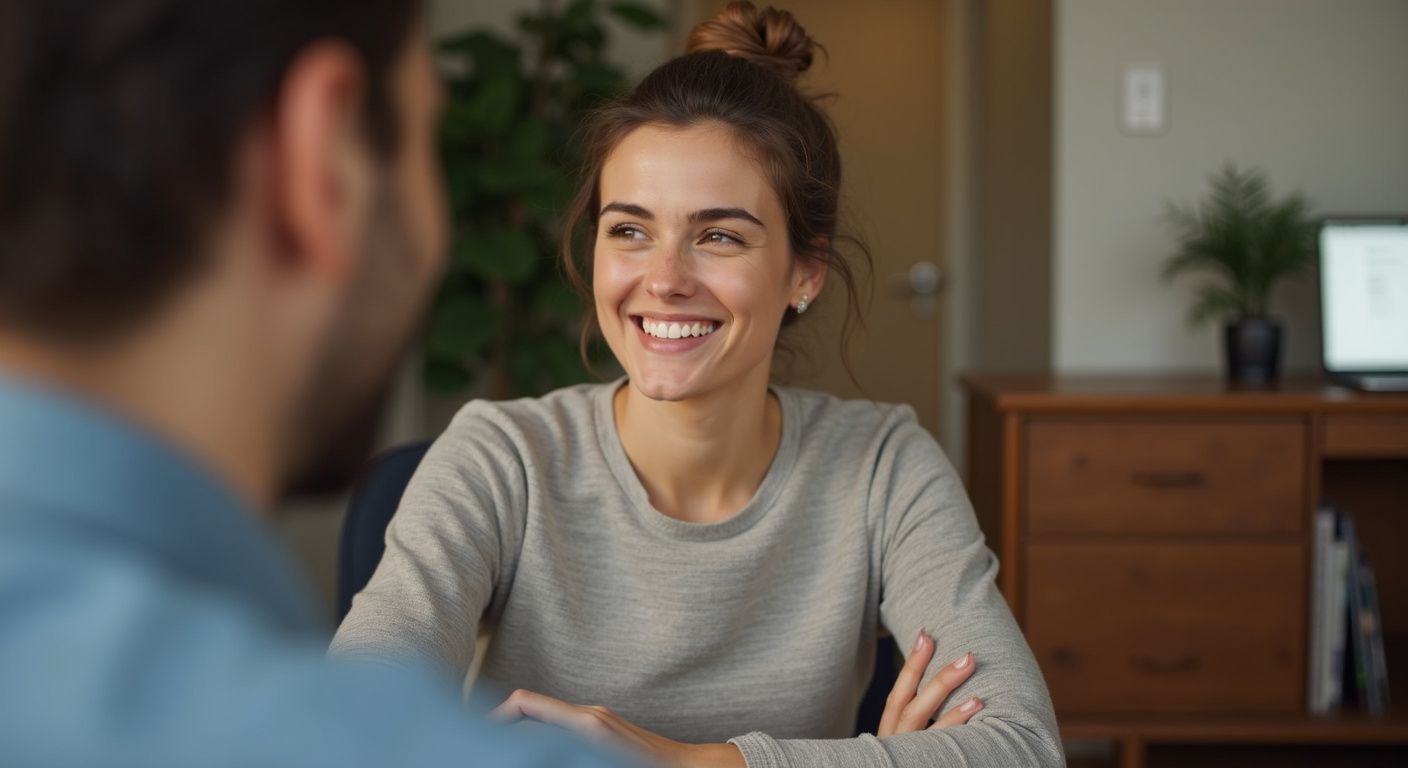 Woman smiles at person, sitting at a desk. Light-colored sweater, arms crossed. Man in foreground blurred.