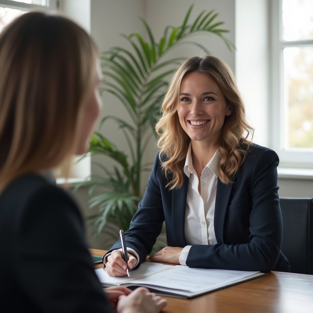 Woman in a blazer smiles at a colleague, writing on a document at a desk with a plant and window in the background.