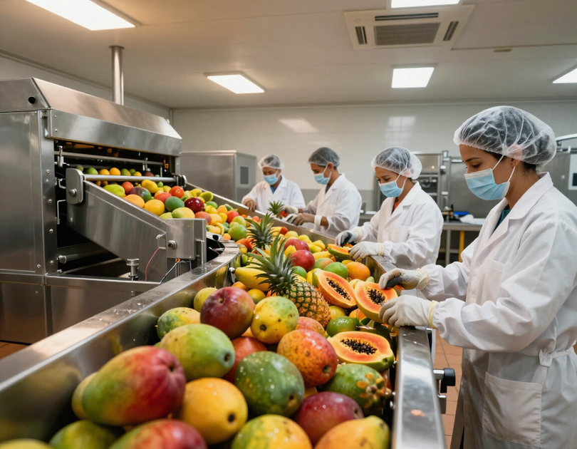 Trabajadores con redecillas para el cabello clasifican frutas de colores en una cinta transportadora en una planta procesadora.