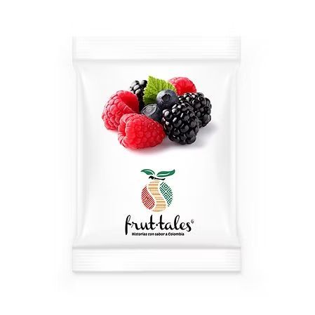 Paquete de snacks Fruit-tales blancos con frambuesas, moras y una hoja de menta en la parte frontal.