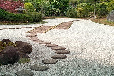 Japanese rock garden with stepping stones and gravel paths.