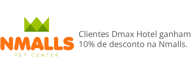 Logotipo e texto do Nmalls Pet Center informando que os clientes do Dmax Hotel recebem um desconto de 10% no Nmalls.
