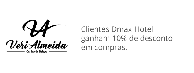 Logotipo da Veri Almeida com texto informando que os hóspedes do Hotel Dmax recebem 10% de desconto em suas compras.