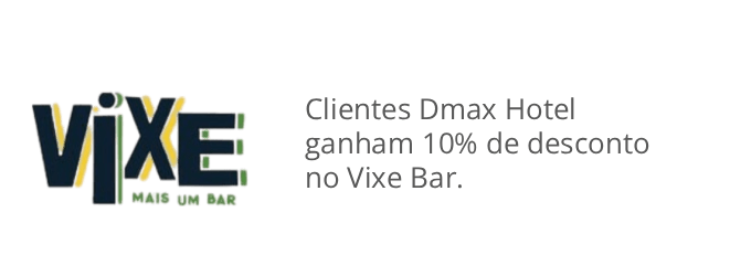 Logotipo do Vixe Bar com texto informando que os clientes do Dmax Hotel recebem 10% de desconto no bar.