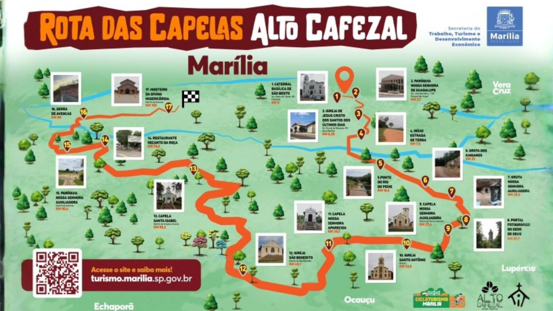 Um caminho pavimentado estende-se por uma área ensolarada e arborizada, separando um campo gramado verde de uma estrada com um carro estacionado.