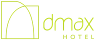 Logotipo verde-lima para o Hotel Dmax, apresentando um desenho abstrato em arco ao lado dos textos 