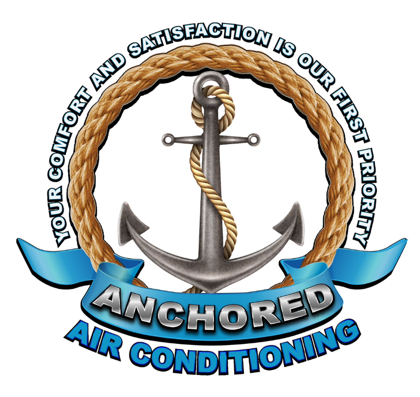 Logo for Anchored Air Conditioning with anchor, rope, and text: