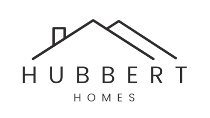 The logo for hubbert homes shows a house with a chimney on the roof.