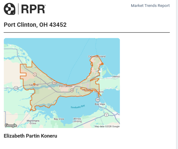 RPR market trend report map for Port Clinton, OH 43452, with highlighted shoreline area