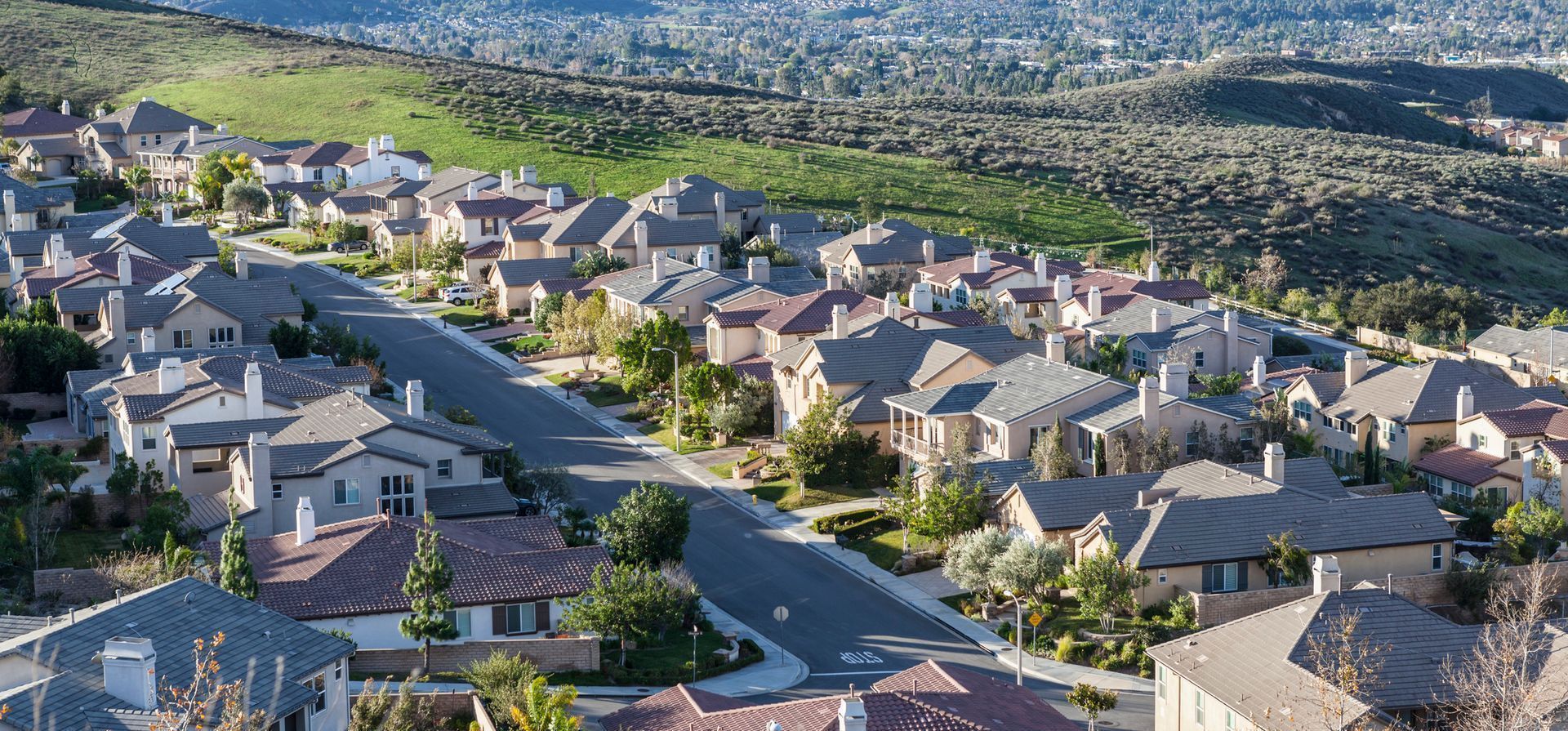 Suburban hillside neighborhood with rows of houses overlooking a green valley and distant cityscape