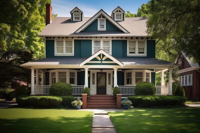 Blue two-story house with a front porch, white trim, and a central walkway amid green lawn and trees