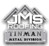 Logo for JMS Roofing, Tinman Metal Division, featuring a stylized house roof icon above bold white text on a metal plaque.