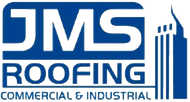 Logo for JMS Roofing, Commercial & Industrial, featuring white text on a blue background with a stylized building graphic.