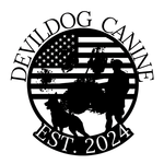 A circular black logo featuring a dog and handler silhouetted against a US flag, with 