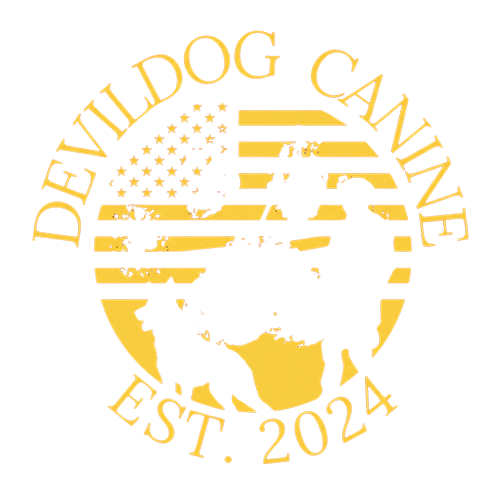 Yellow logo with a US flag, a dog silhouette, and text: DEVILDOG CANINE EST. 2024.
