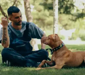 Man sitting on grass training a brown dog in a park, holding up a treat or command gesture