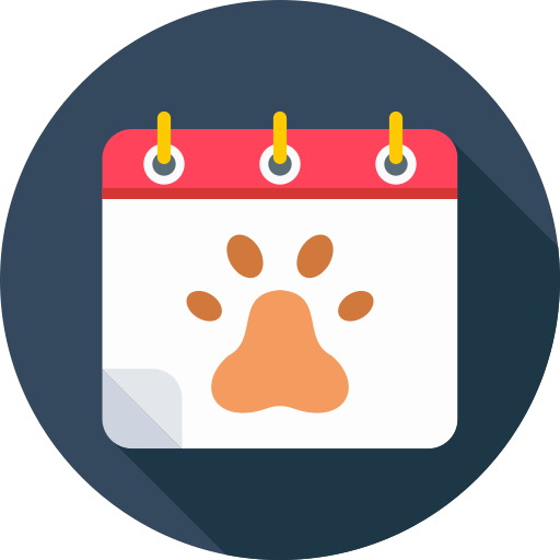 Pet calendar icon with orange paw print on a dark blue circle background