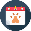 Pet calendar icon with orange paw print on a dark blue circle background