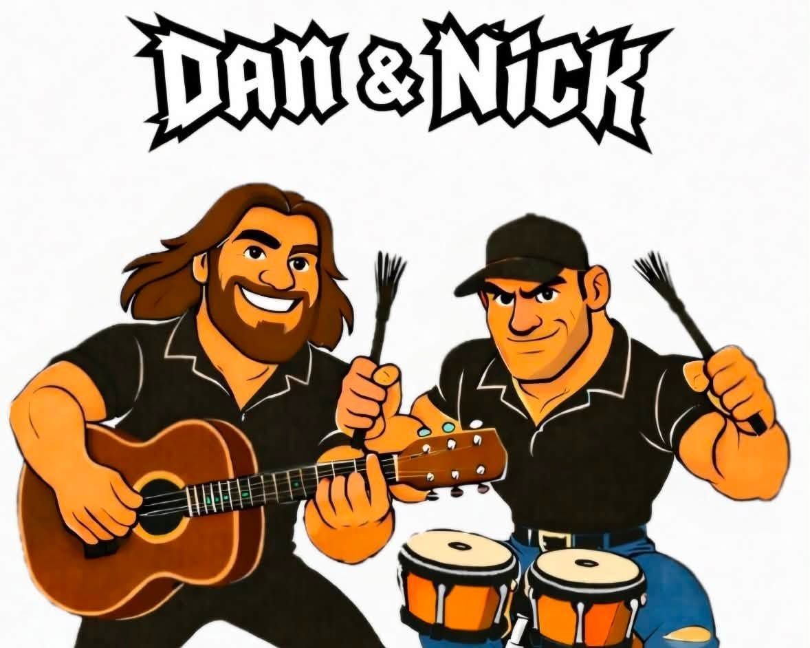“Dan & Nick” logo with two smiling cartoon musicians, one playing guitar and one playing bongos.