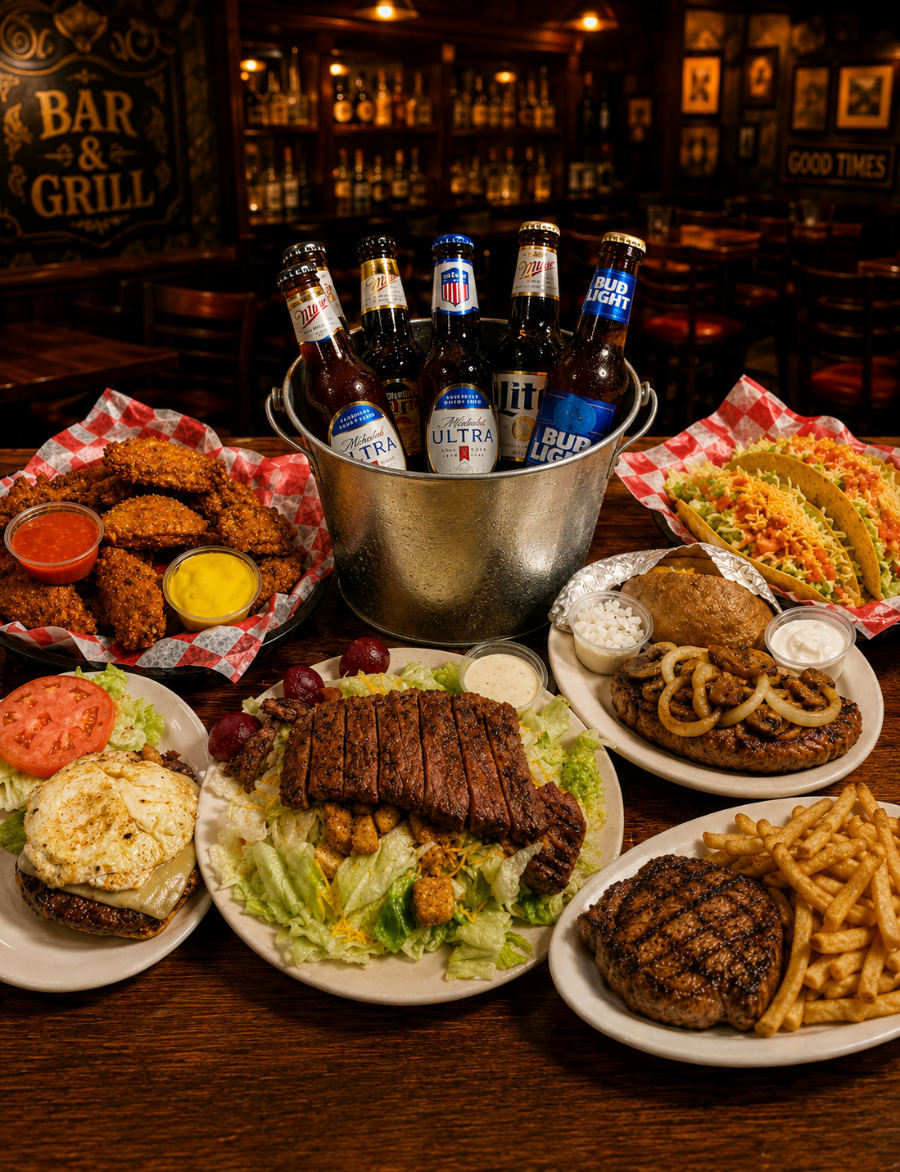Assorted grilled meats, pasta, and beers on a table in a dim bar and grill