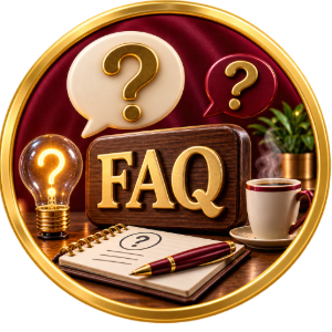 FAQ sign with question bubbles, a lightbulb, coffee cup, and notebook on a gold-and-maroon background